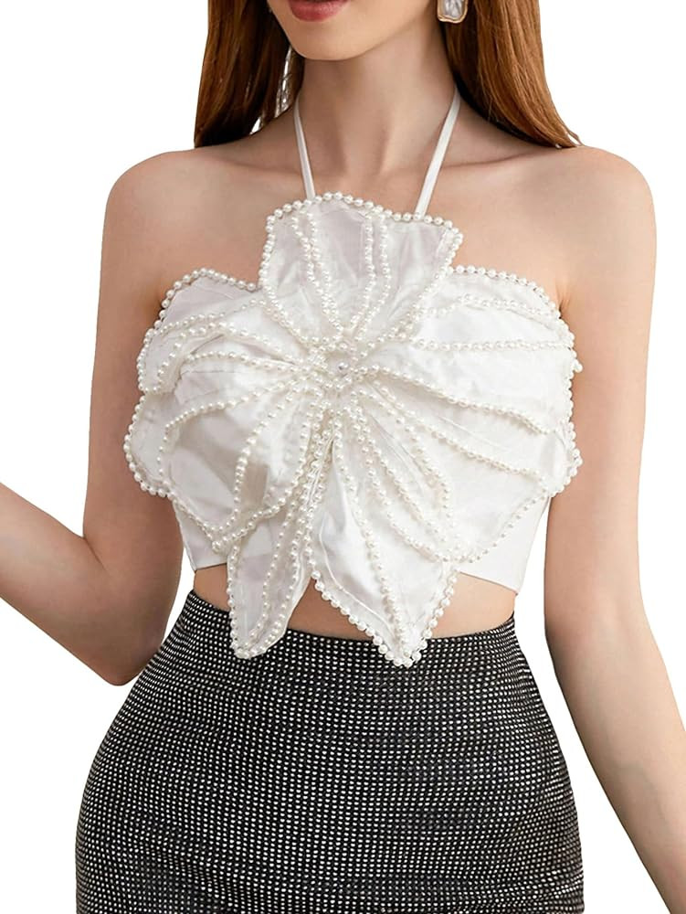 Women's Solid 3D Flower Peal Beaded Halter Top Asymmetrical Hem Sleeveless Drawstring Backless Ta... | Amazon (US)
