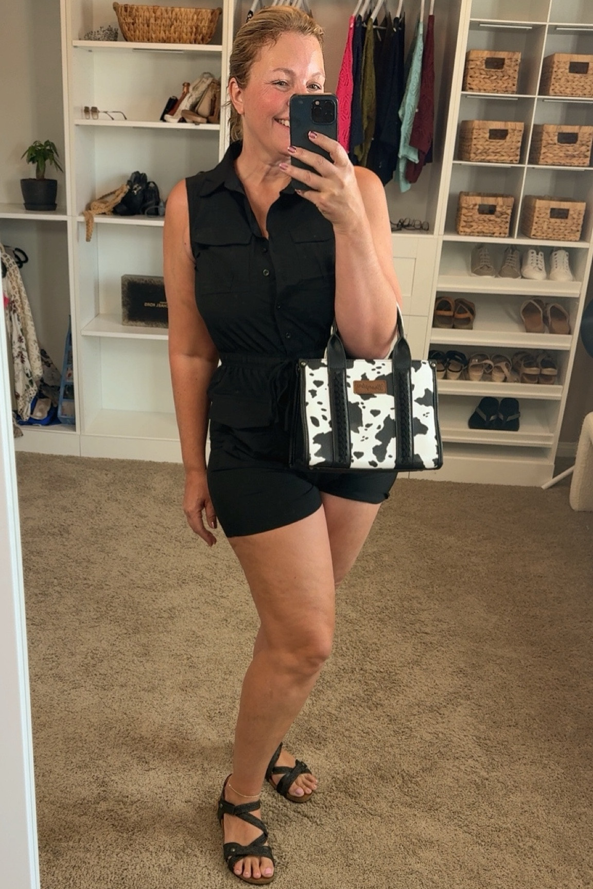 This is an excellent summer outfit, cool, and fun. And a great way to keep your shorts, classy. I paired this romper with a sun hat, cow, print purse, and a comfy pair of Taos sandals.

#LTKShoeCrush #LTKMidsize #LTKFindsUnder50