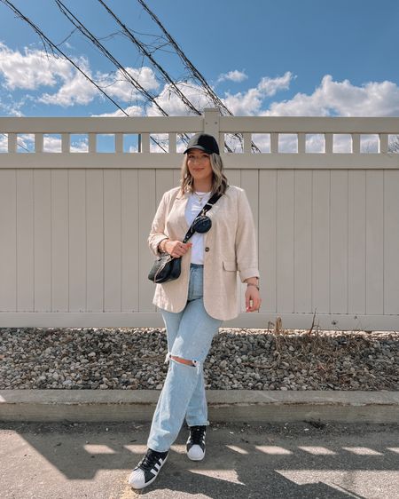 Casual midsize spring outfit - linen blazer, Abercrombie jeans, black and white adidas sneakers 

Simple outfits, wardrobe staples, everyday style


#LTKstyletip #LTKmidsize #LTKcanada