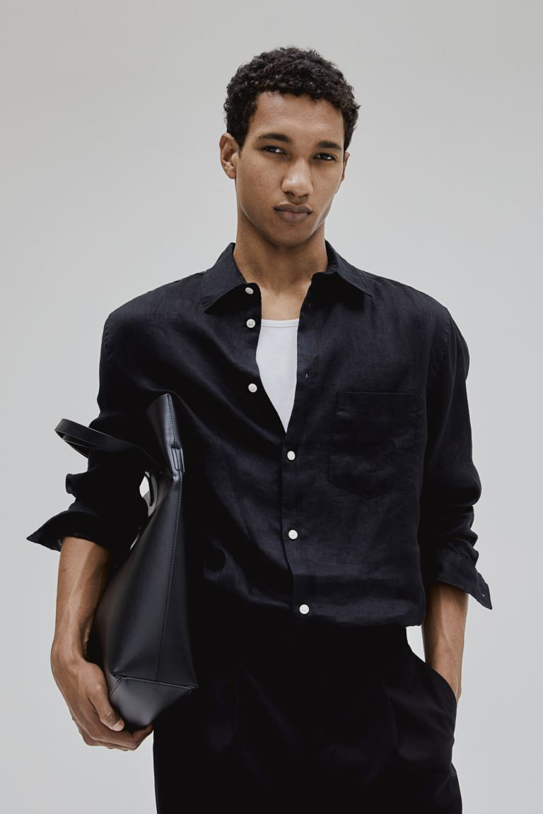 Regular Fit Linen Shirt - Long sleeve - Regular length - Black - Men | H&M US | H&M (US + CA)