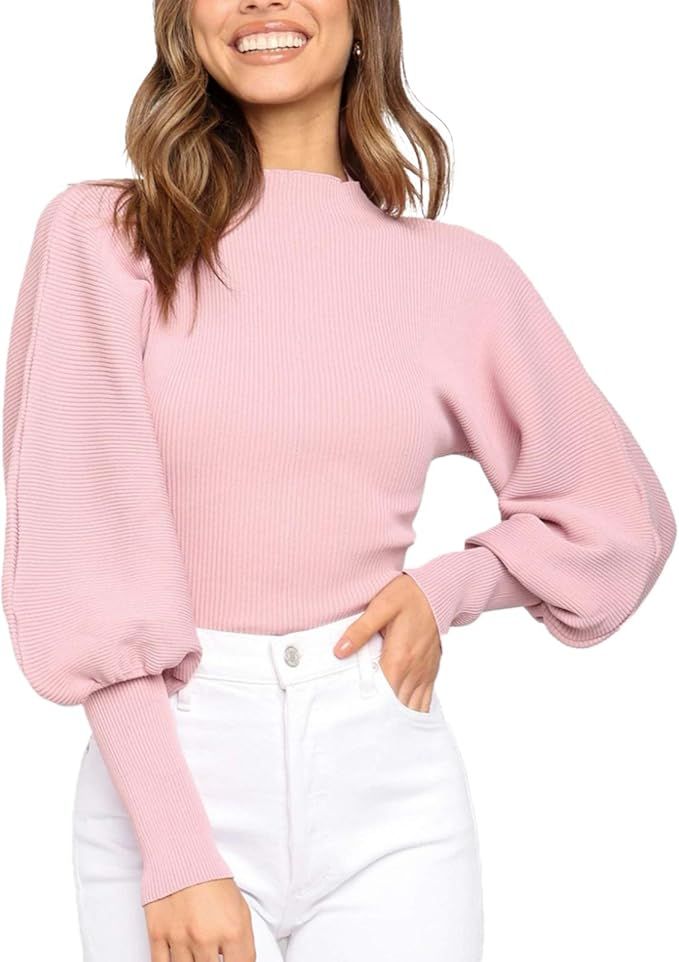 Woman Sweaters Mock Neck Lantern Batwing Long Puff Cuff Sleeve Knitted Slim Fit Cropped Pullover ... | Amazon (US)