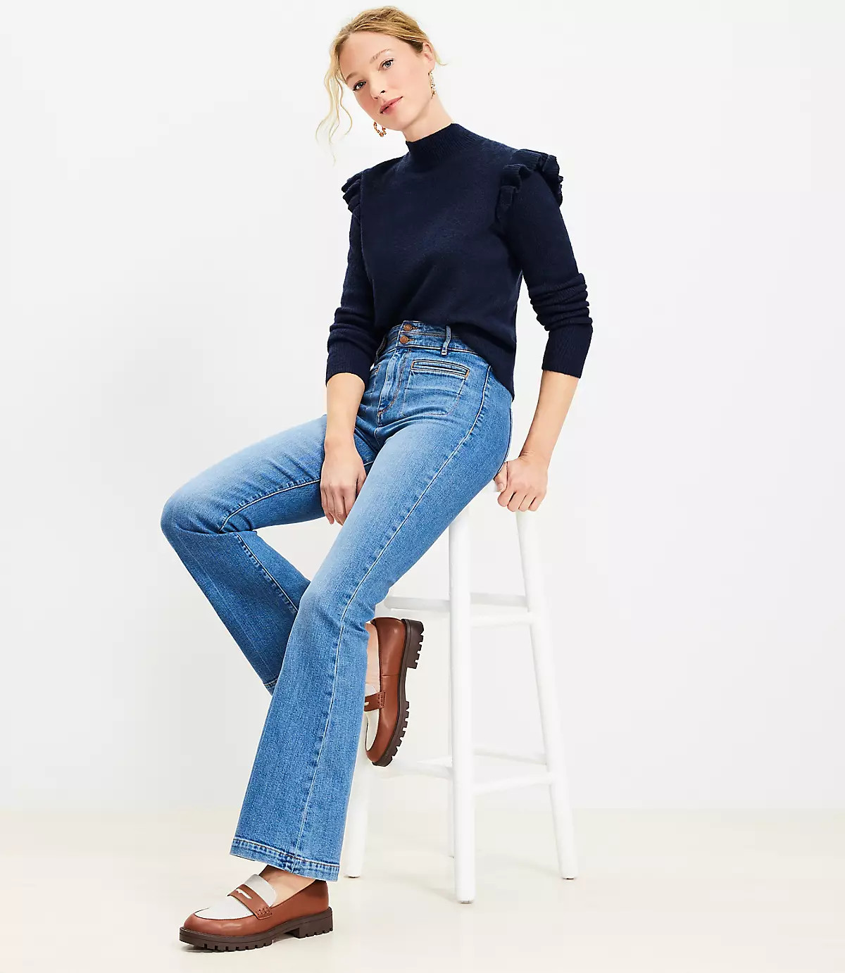 High Rise Slim Flare Jeans in Vintage Mid Indigo Wash | LOFT