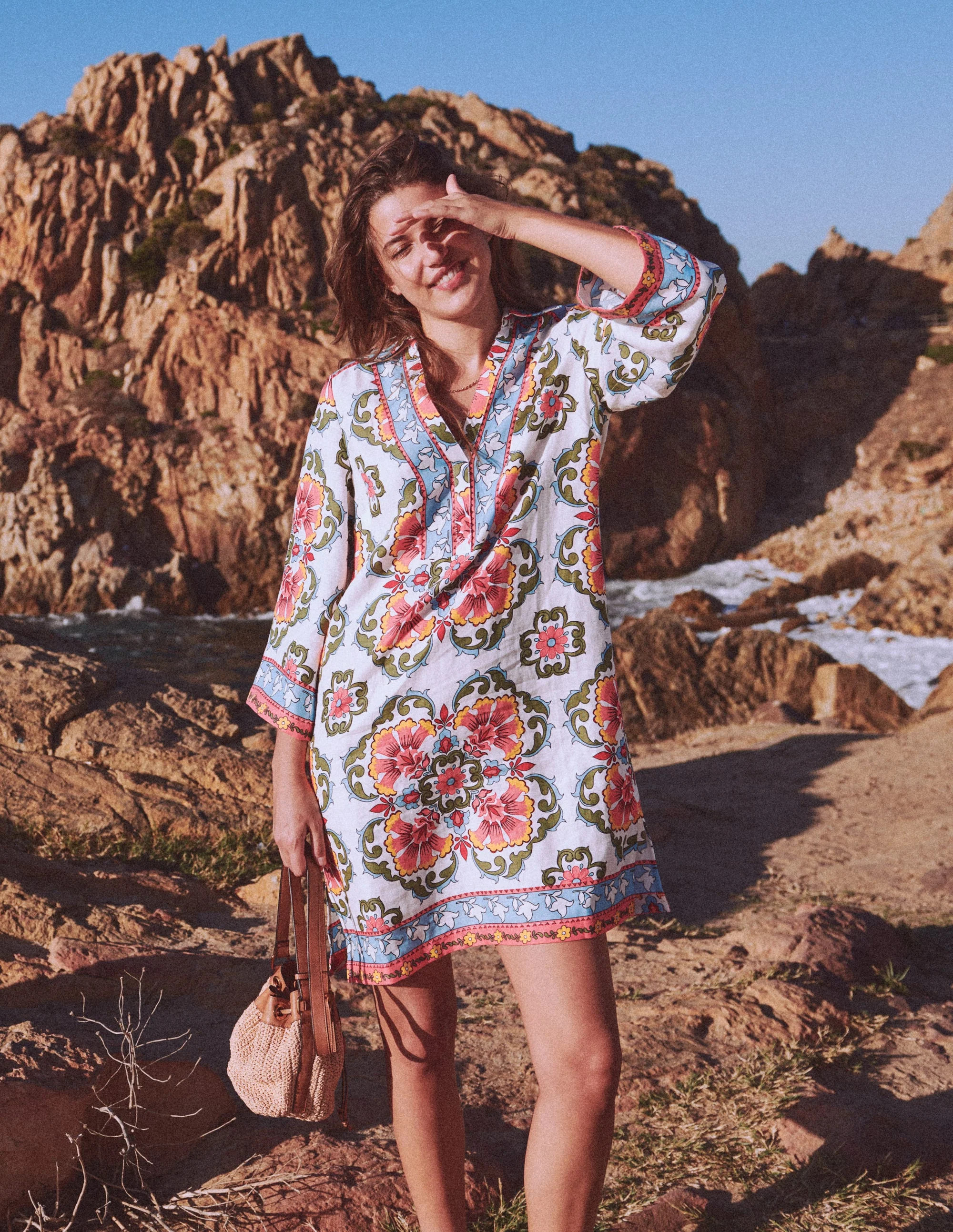 Carmen Linen Short Dress-Multi, Ornamental Trellis | Boden (US)