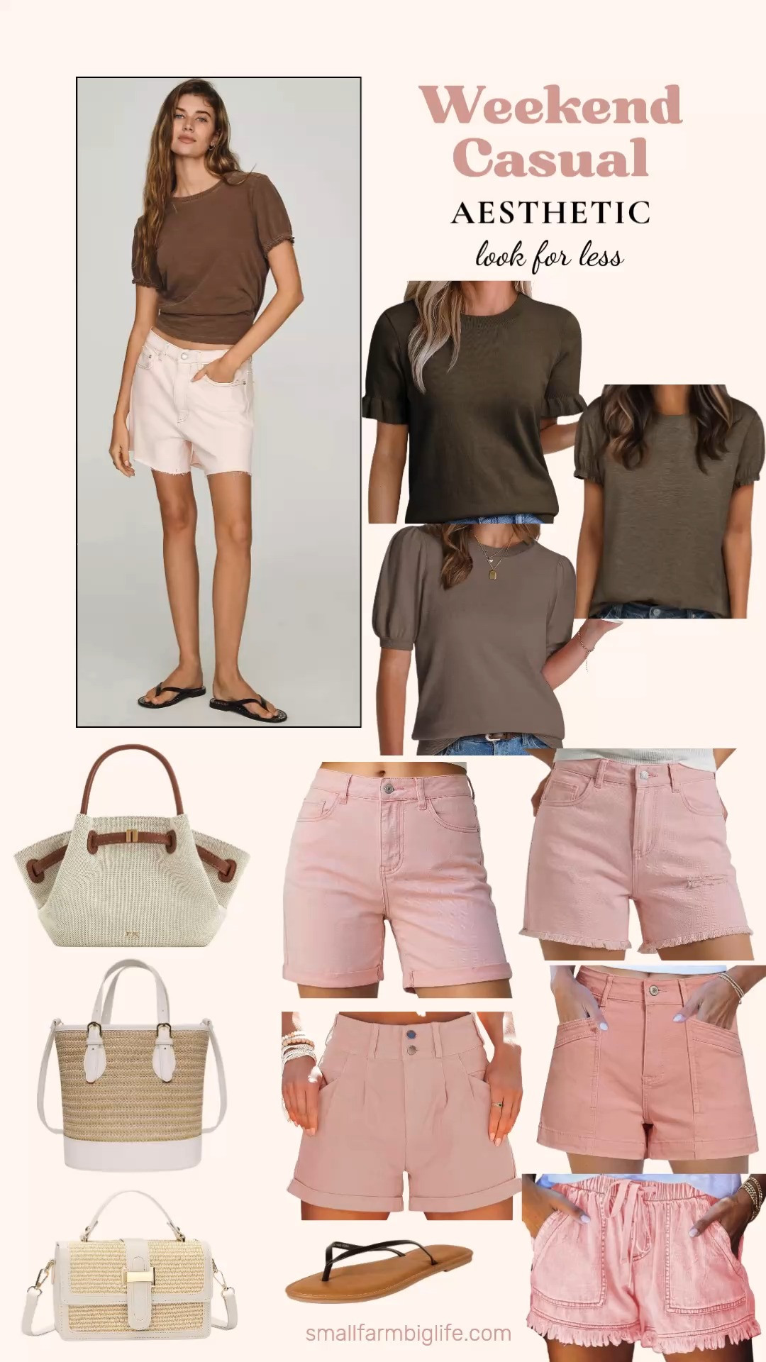 Brown and light pink is such a pretty and unexpected summer color combination and this whole look comes together for so much less than you would think. The brown ruffle and puff sleeve sweater tops are so feminine and fun paired with light pink high waisted denim shorts in relaxed, ripped, or baggy styles depending on your preference. The natural straw bucket bag and crossbody purse options give you a casual boho finishing touch that works perfectly with this color palette, and the mini tote in cream and brown ties the whole look together beautifully. Finish with a simple black thong sandal and you have a complete weekend outfit that is effortless and so on trend right now. Tap to shop! 

 #LTKgrwm #LTKootd #LTKOver40