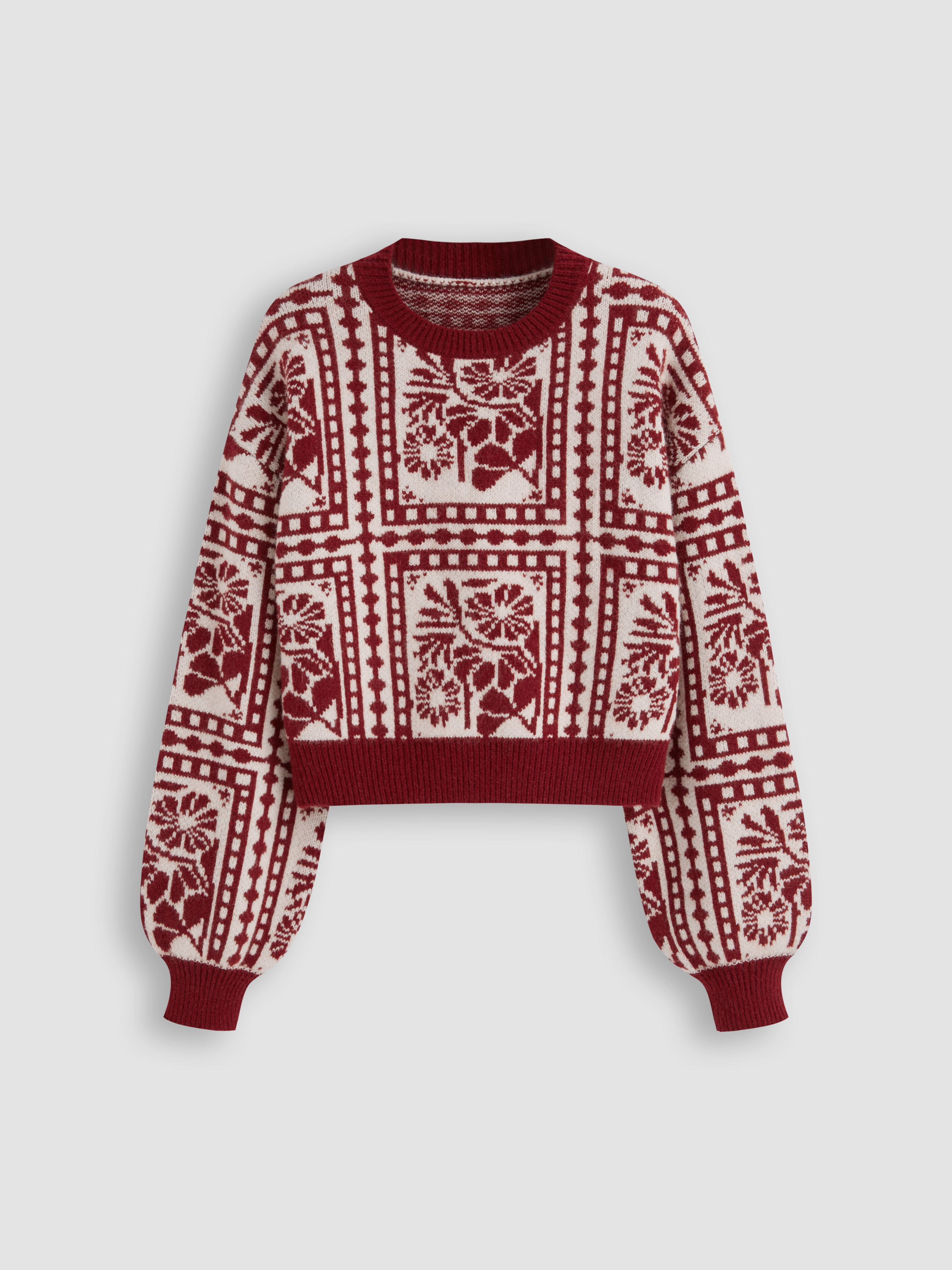 Knit Fabric Knit Round Neckline Floral Contrasting Binding Sweater For Holiday | Cider