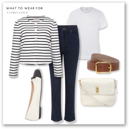 A casual smart outfit for a family lunch 

Hobbs London, dark blue jeans, stripe jacket, two toned pumps, white crossbody bag, classic T-shirt, tan belt

#LTKSeasonal #LTKeurope #LTKstyletip