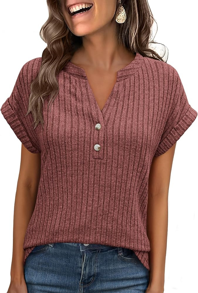 ANRABESS Womens Short Sleeve Henley Shirts V Neck Summer Sweaters 2026 Spring Business Tunic Tops... | Amazon (US)