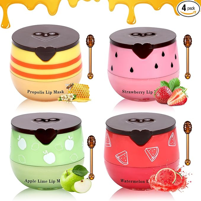 4 PCS Bee Lip Balm Honey Pot,Honey Strawberry Watermelon Apple Lip Mask, Reduces Lip Lines,Hydrat... | Amazon (US)