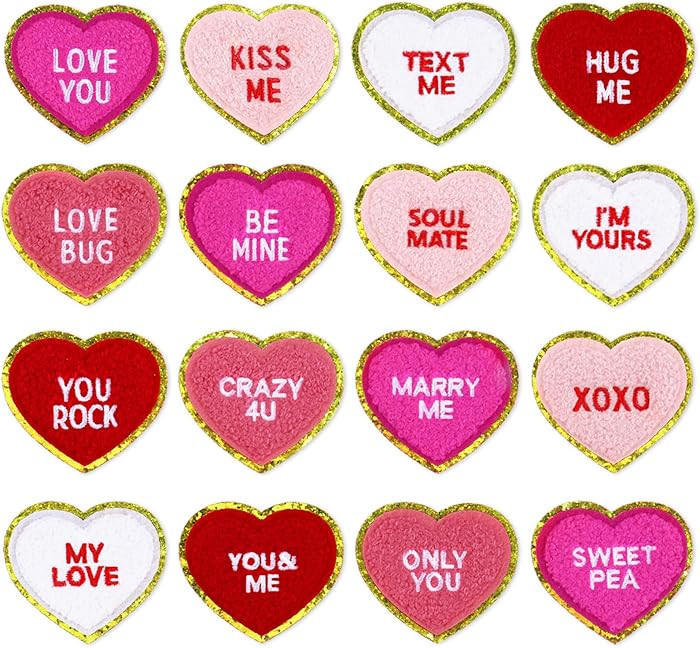 JarThenaAMCS 16 Pcs Valentine's Day Iron On Patch Gold Edge Red Withe Pink Conversation Heart Emb... | Amazon (US)