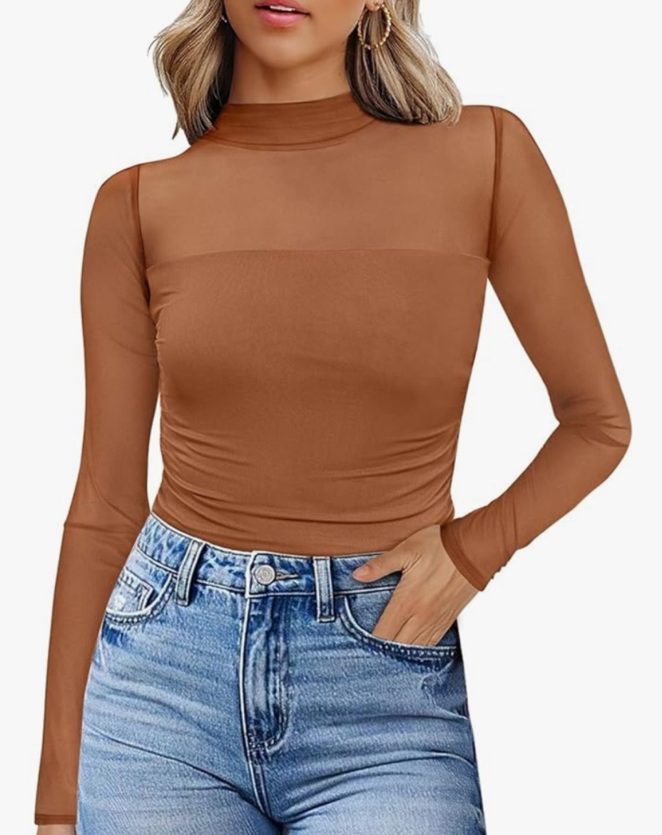 Mesh Long Sleeve Shirts Fashion Clothing Turtle Necks Sheer Ruched Going Out Tops Fall Outfits Slim Fit Blouses