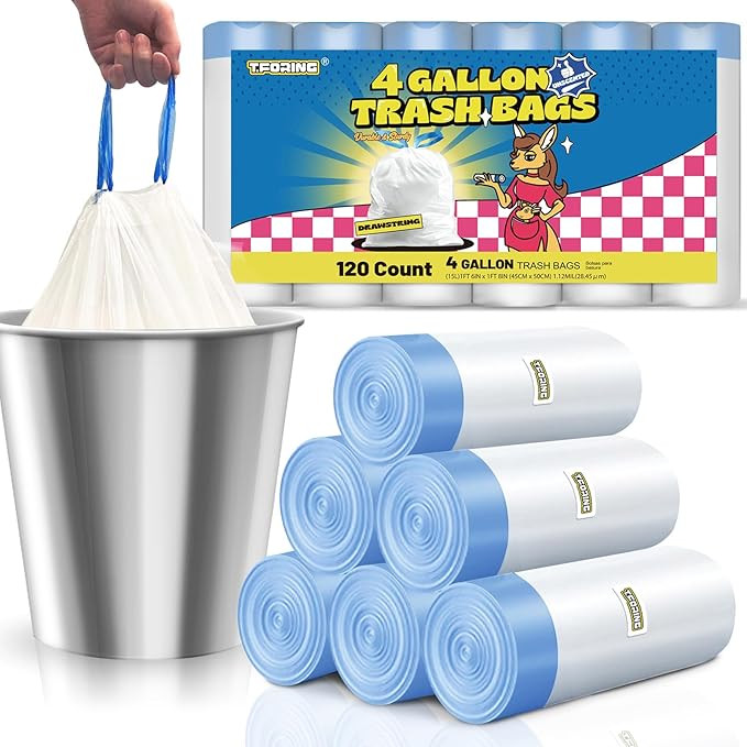 Small Trash Bags 4 Gallon with Drawstring, 1.1 Mil 15 Liter White Thick Unscented Small Plastic G... | Amazon (US)