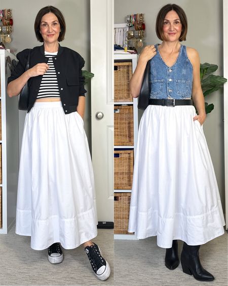 Outfit ideas for a full skirt! 
This skirt is lined, has pockets, fits tts and is so versatile! Also comes in black and floral. I’m 5’ 7 size 4ish wearing size S. Only available for Canadian shipping so I linked several similar skirts.
Left: sized up to M for extra sleeve length in the bomber jacket but sizing is inconsistent, I got the same jacket in M in white and it’s too big. Striped tank is older, I linked similar. Converse sneakers fit big, I go down 1/2 size.
Right: my vest is older but I linked similar, belt and western boots fit tts


#LTKShoeCrush #LTKItBag #LTKStyleTip