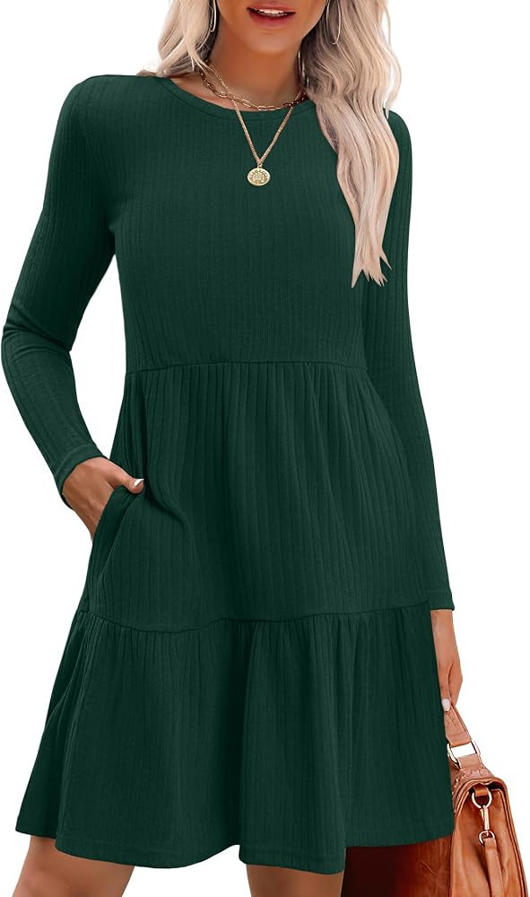Zeagoo Womens Long Sleeve Fall Dresses with Pockets 2024 Ribbed Knit Casual Crew Neck Knee Length... | Amazon (US)