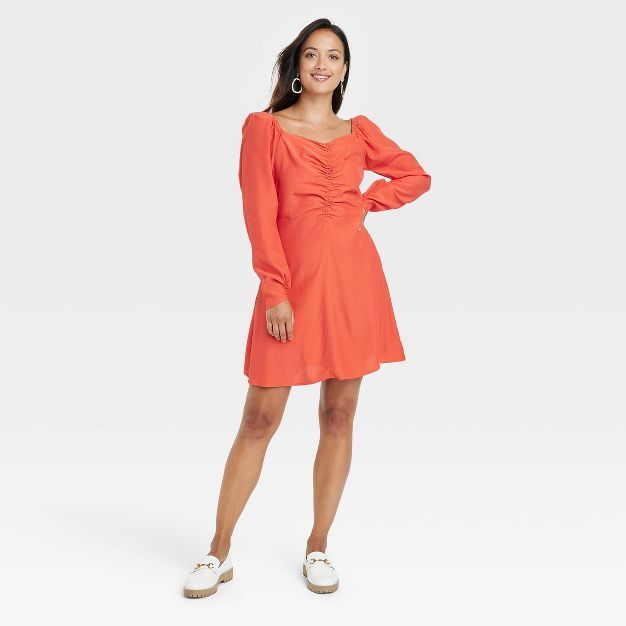 Women's Puff Long Sleeve Ruched Front Dress - A New Day™ | Target
