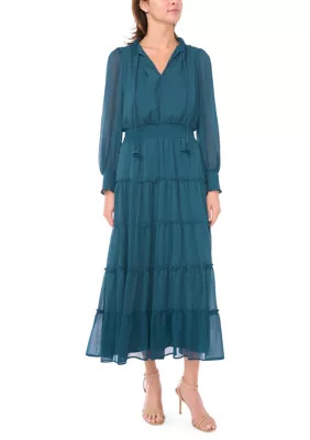 Women's Long Sleeve Tie Neck Tiered Maxi Dress | Belk