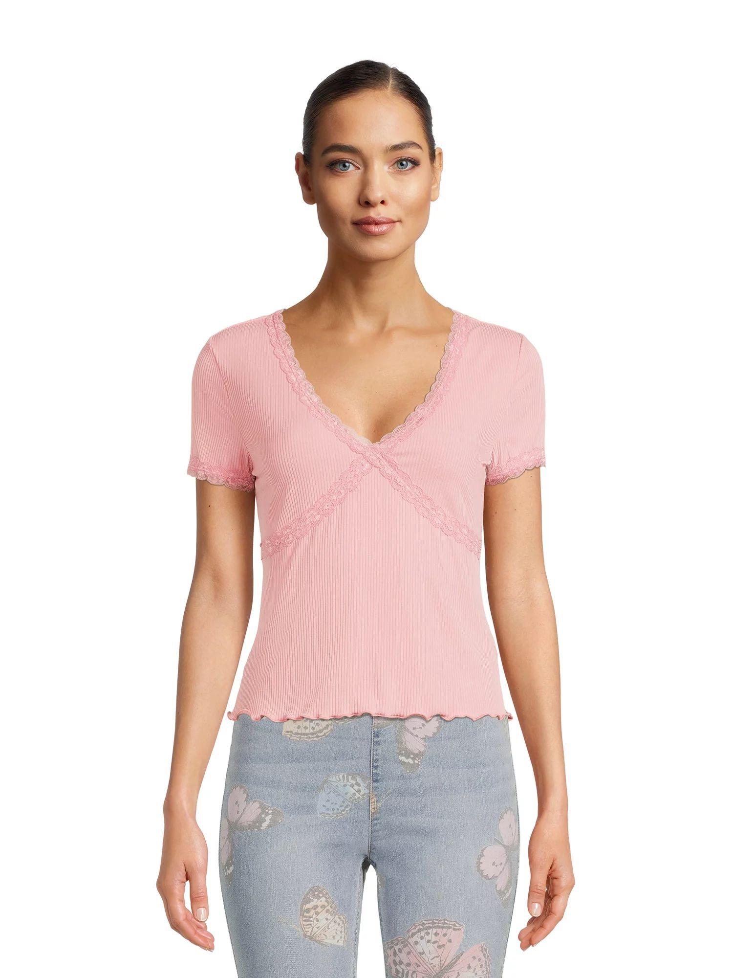 No Boundaries Juniors Lace Trim Ribbed T-Shirt, Sizes XS-XXXL - Walmart.com | Walmart (US)
