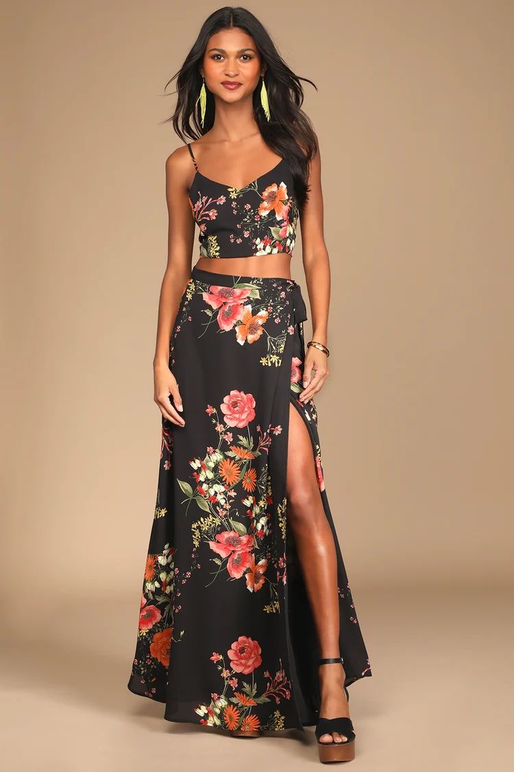 Bloom With a View Black Floral Print Two-Piece Maxi Dress | Lulus