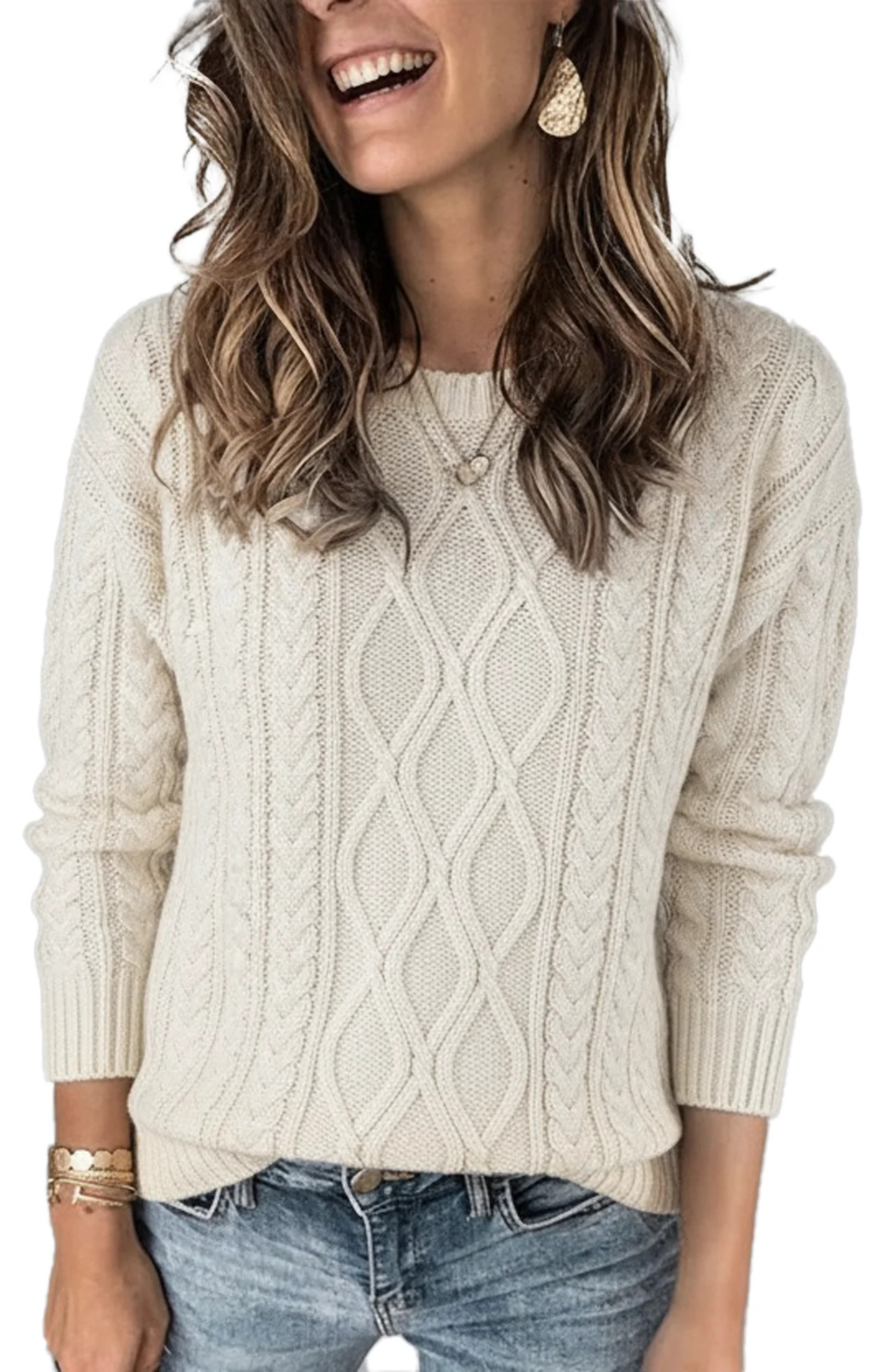 Sweaters for women Chunky Cable Knit Sweater Long Sleeve Crewneck Loose Fit Pullover Top fo... | Walmart (US)