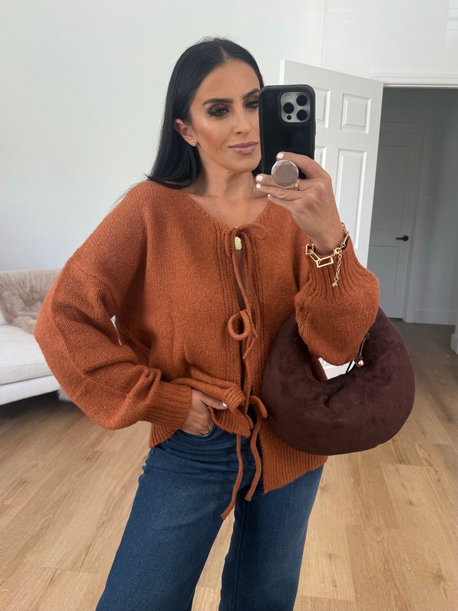 Amazon chunky knit burnt orange cardigan wearing size medium but should have went with a small. Comes in over 15 colors 