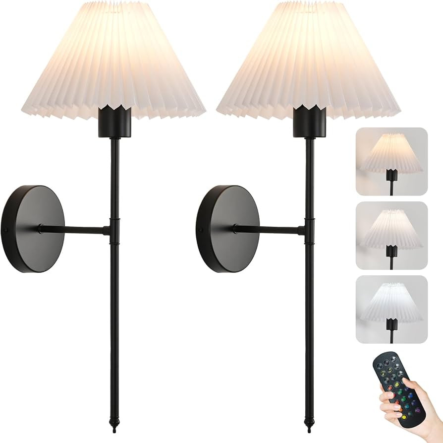 Battery Operated Wall Sconces Set of 2, Black Rechargeable Wall Lights with Pleated Shades, Dimma... | Amazon (US)