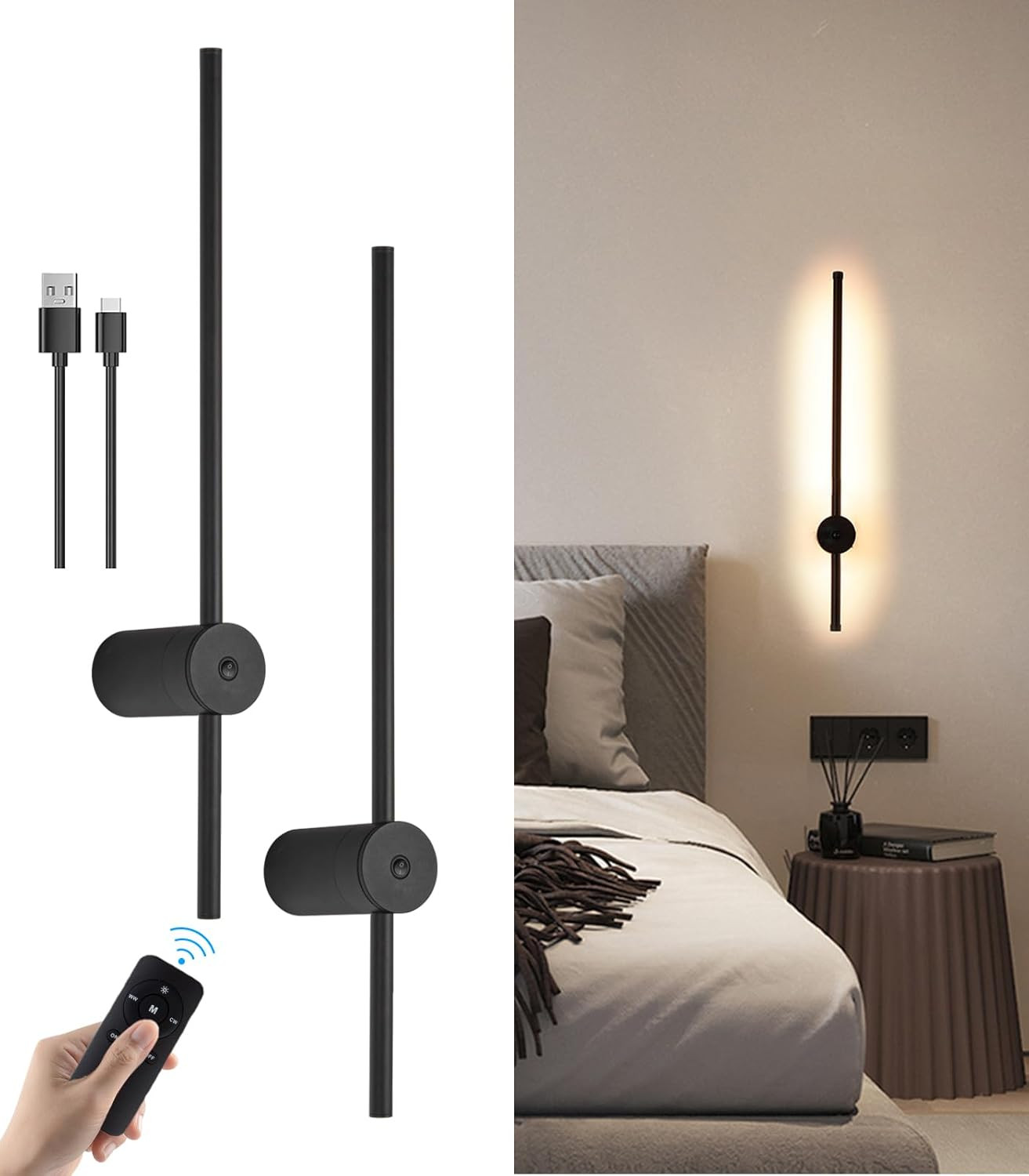 Battery Operated Wall Sconce Set of Two, USB Rechargeable LED Wall Lights with Remote Control, Di... | Amazon (US)