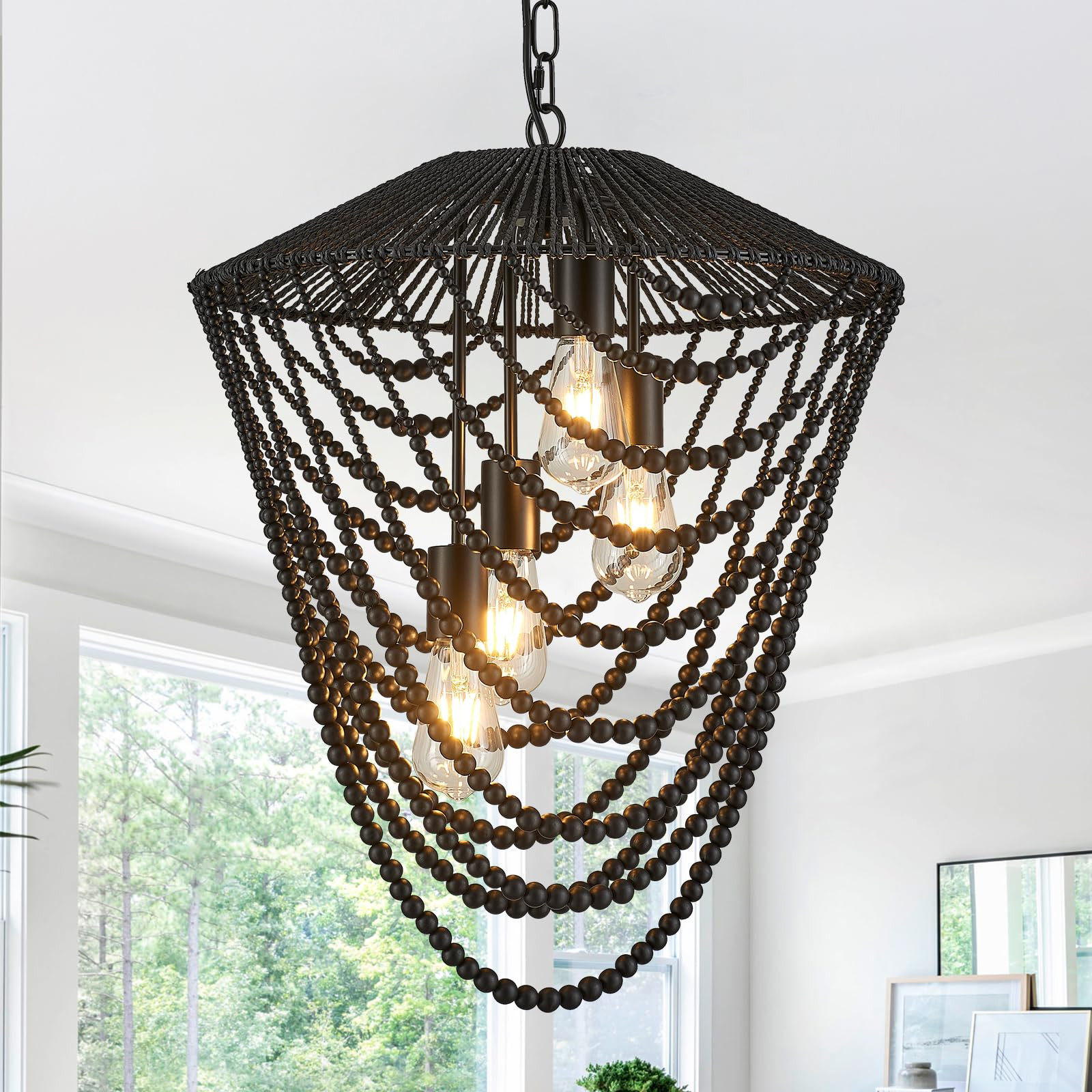 20” Wood Beaded Rattan Boho Chandelier Matte Black Large Coastal Pendant Light for Living Room ... | Amazon (US)