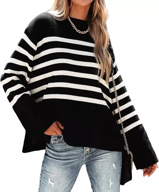  GLIGLITTR Women's Striped Sweater Black White Striped