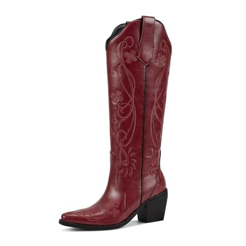 wetkiss Red Knee High Cowboy Boots for Women Red Western Cowgirl Boots Womens Tall Thigh High Country with Floral Embroidered Pointed Toe Chunky Heel | Amazon (US)