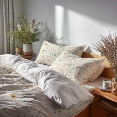 Boho Bedding - Floral Pink And Beige Meadow Flowers Duvet Cover And Throw Pillow Set | Wayfair North America