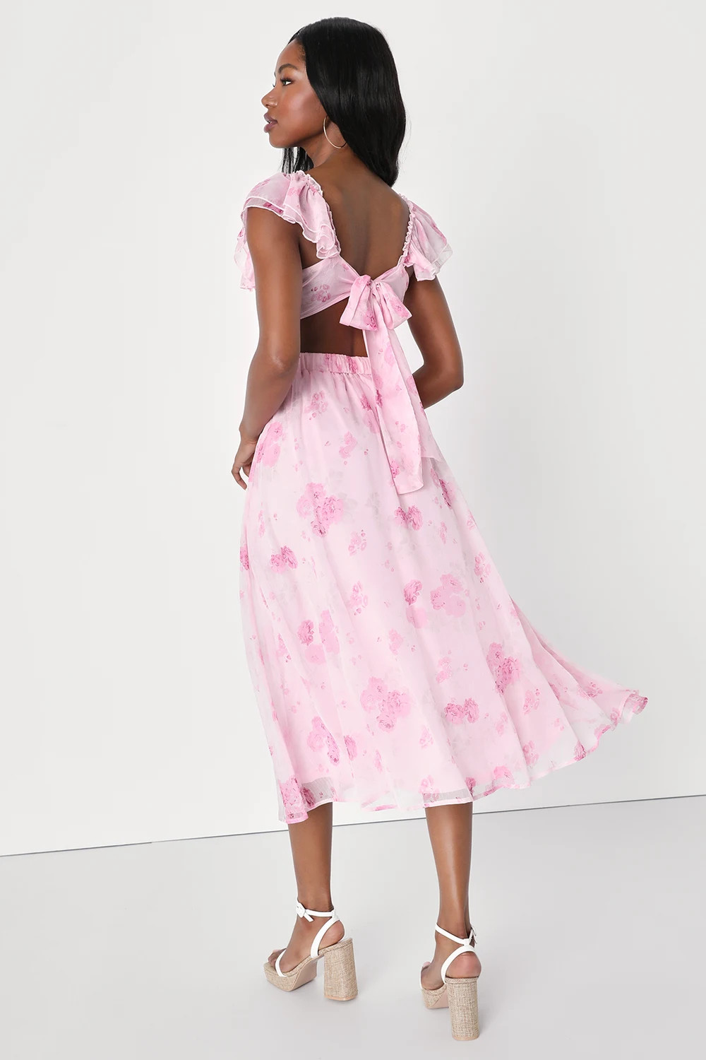 Loveliest Darling Light Pink Floral Ruffled Tie-Back Midi Dress | Lulus
