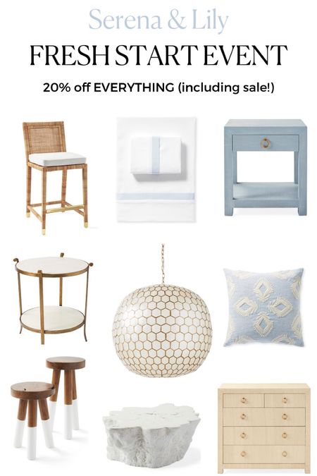 Serena & Lily fresh start sale event, home decor deals, designer sale, coastal style, beach house design, interior design finds, blue and white, wicker bar stool, capiz shell chandelier, marble side table

#LTKFind #LTKhome #LTKsalealert