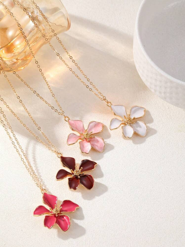 1 Pc Fashion Drop Glaze Pink Red Flower Necklace Claret Flower Pendant Necklace Ladies Daily Wear... | SHEIN