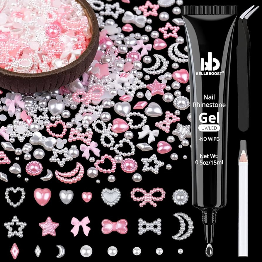 600Pcs 3D Multi Shapes Nail Charms and Flatback Pearls, White&Pink Mix Styles Heart Star Bow Sunf... | Amazon (US)