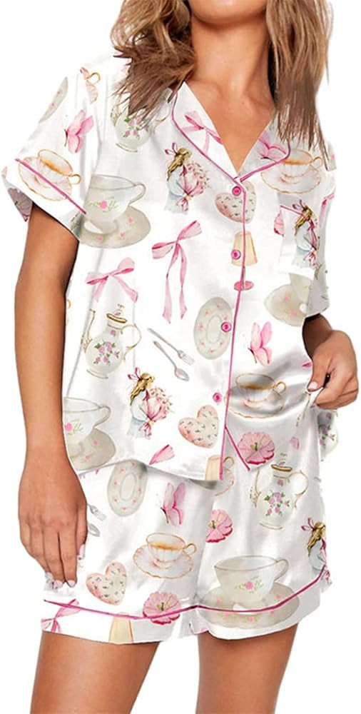 Miqil Women Fairycore 2 Piece Lounge Set Y2k Cute Printed Bow Knot Short Sleeve High Waist Shorts... | Amazon (US)