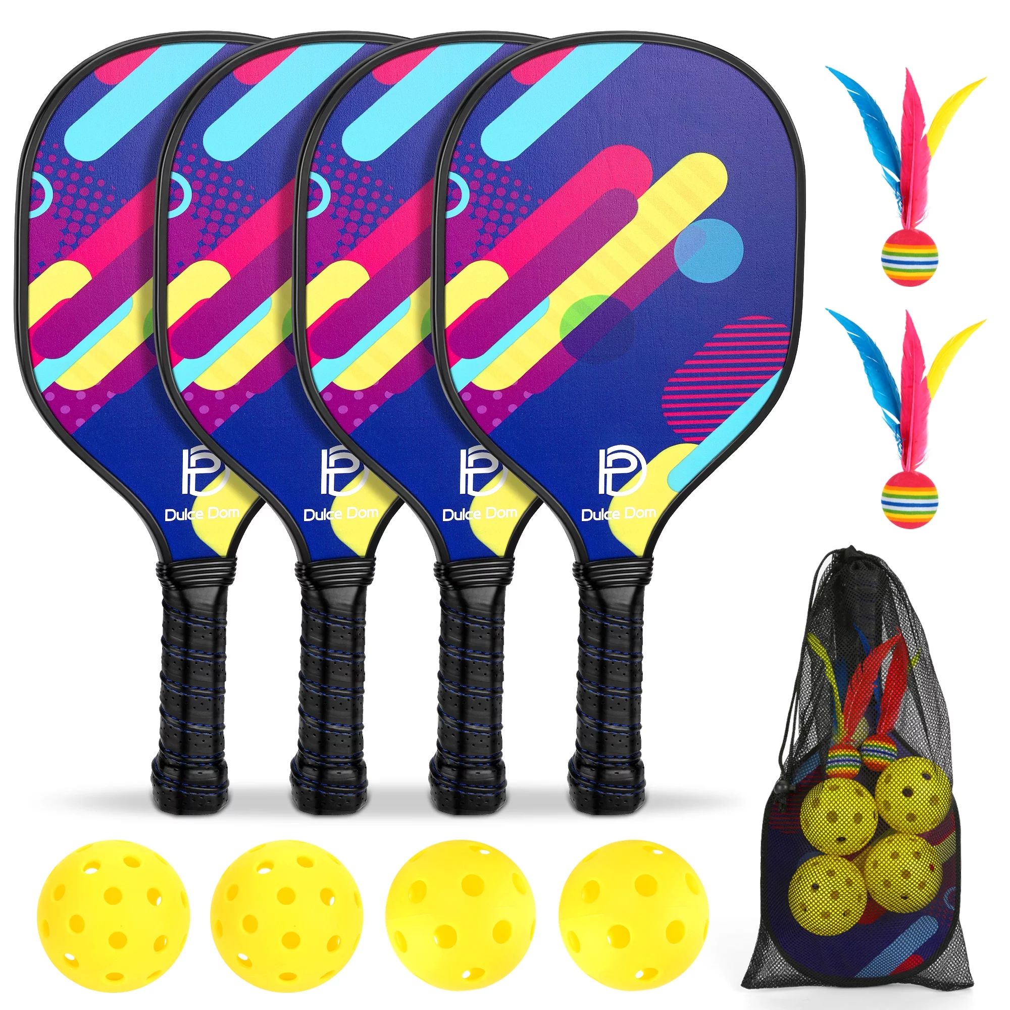 Ducle Dom Wood Pickleball Paddles Set of 4 with Mesh Bag, 4 Pickleballs (Indoor/Outdoor) and 2 Cr... | Walmart (US)