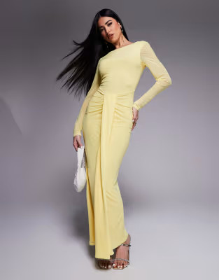ASOS DESIGN mesh long sleeve slash neck open back maxi dress with sash in pastel yellow | ASOS (Global)