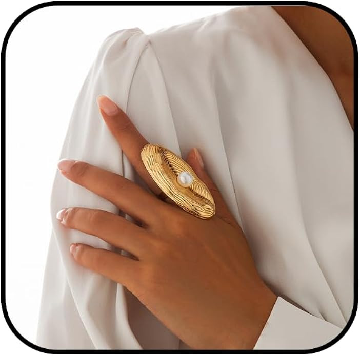 Gold Chunky Pearl Statement Rings for Women Vintage Pearl Finger Rings Chunky Round Oval Pearl Ri... | Amazon (US)