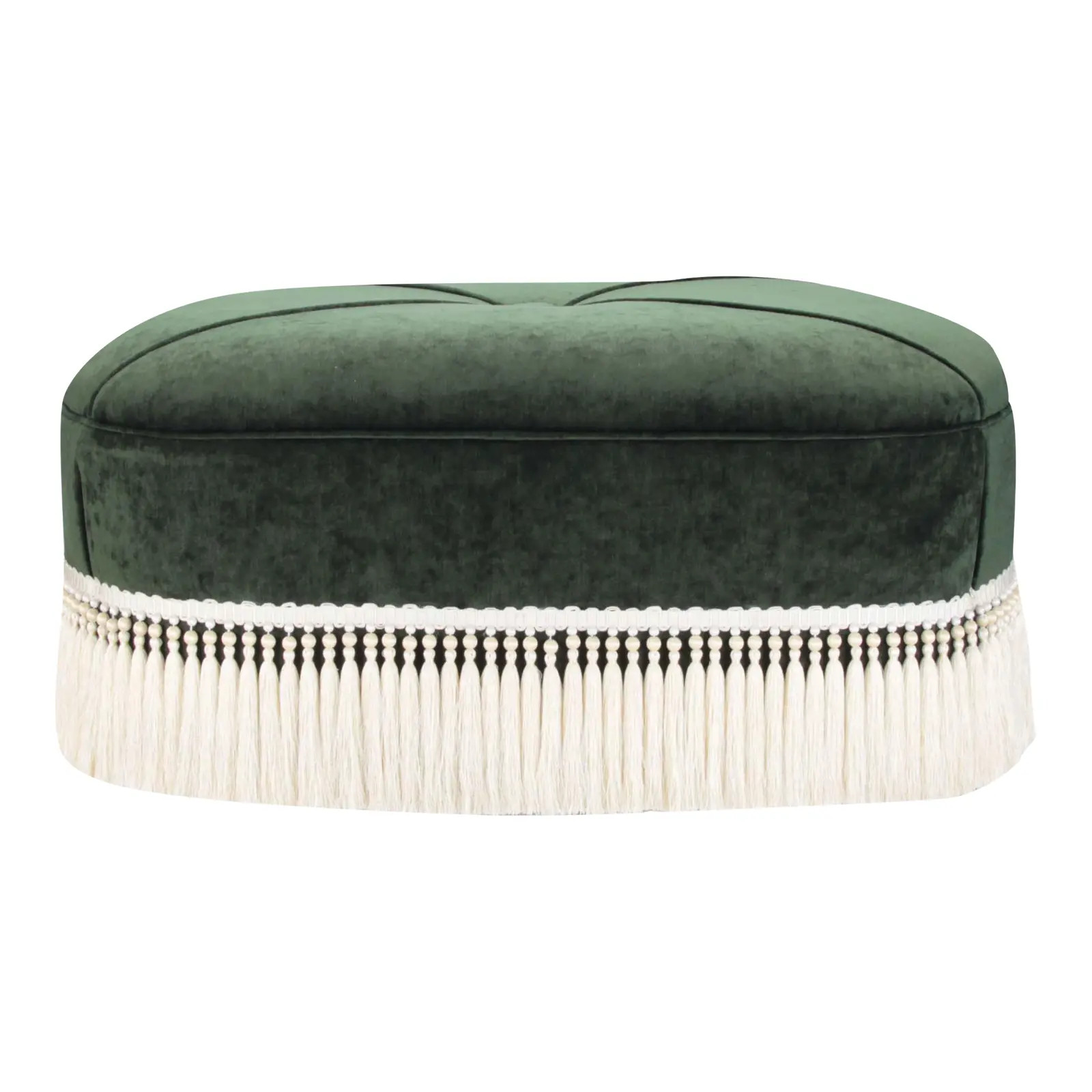 A. Rudin Green Velvet Ottoman With Long Ivory Silk Tassel Trim | Chairish