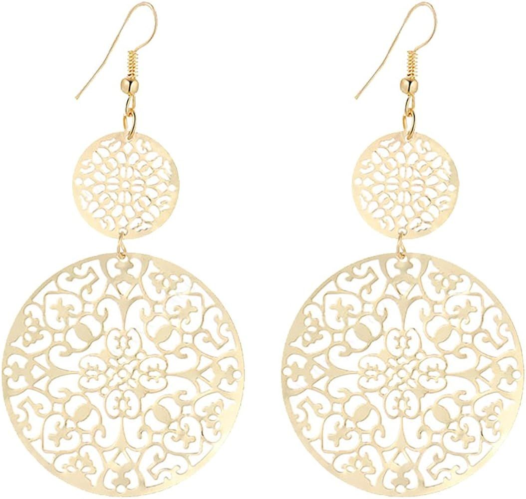 IDB Delicate Filigree Dangle Double Circle Drop Hook Earrings - Available in Silver and Gold Tones - | Amazon (US)