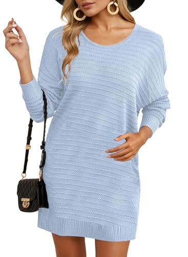 Dokotoo Fall Dresses for Women 2025 Elegant Crewneck Long Sleeve Ribbed Knit Dress Elasticity Textured Drop Shoulder Sky Blue Sweater Dress Long Pullover Jumper Medium | Amazon (US)