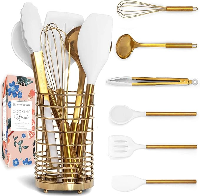 White Silicone and Gold Cooking Utensils Set with Gold Utensil Holder: 7PC Set Includes White Ute... | Amazon (US)