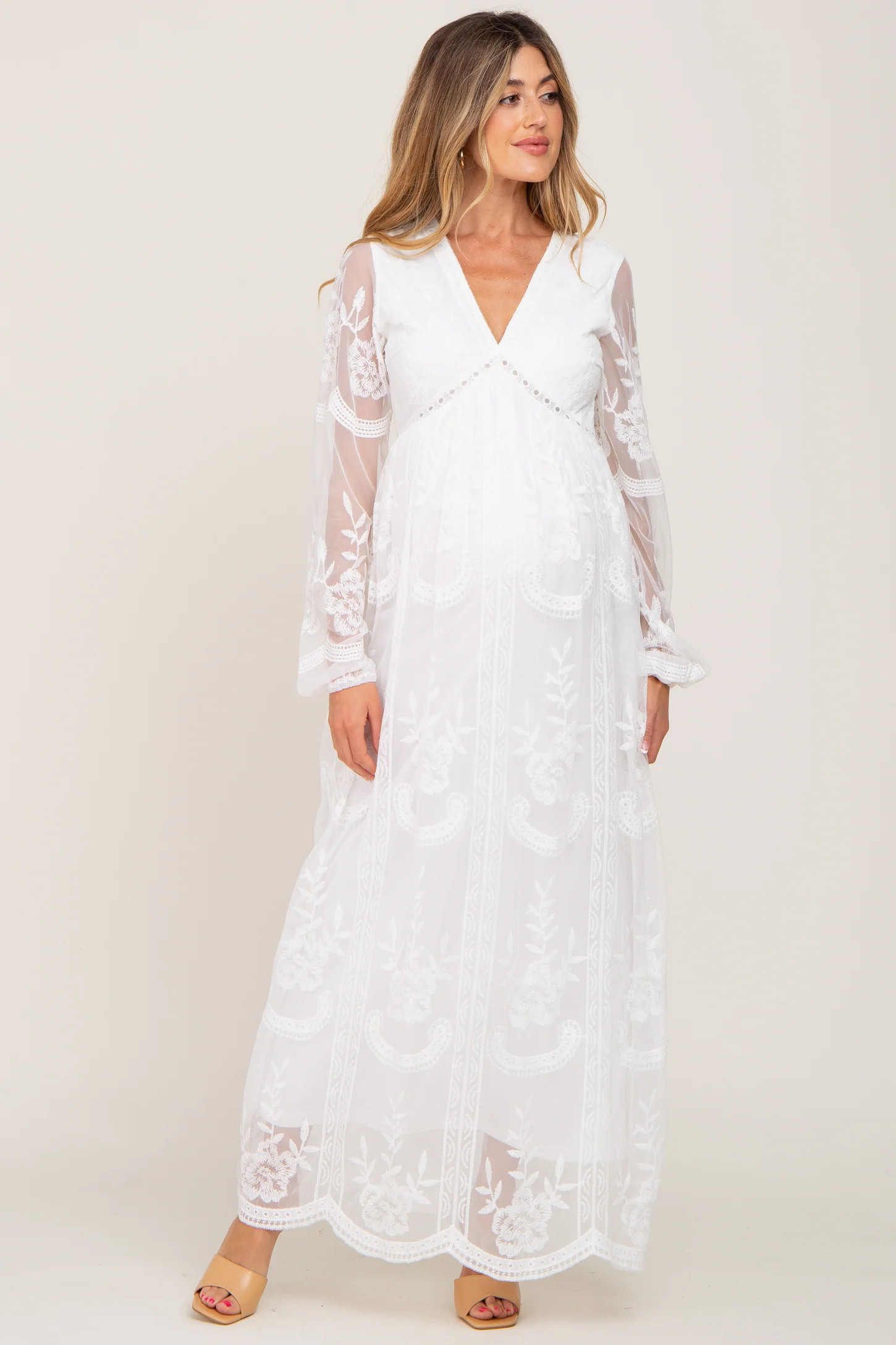 PinkBlush White Lace Mesh Overlay Long Sleeve Maternity Maxi Dress | PinkBlush Maternity