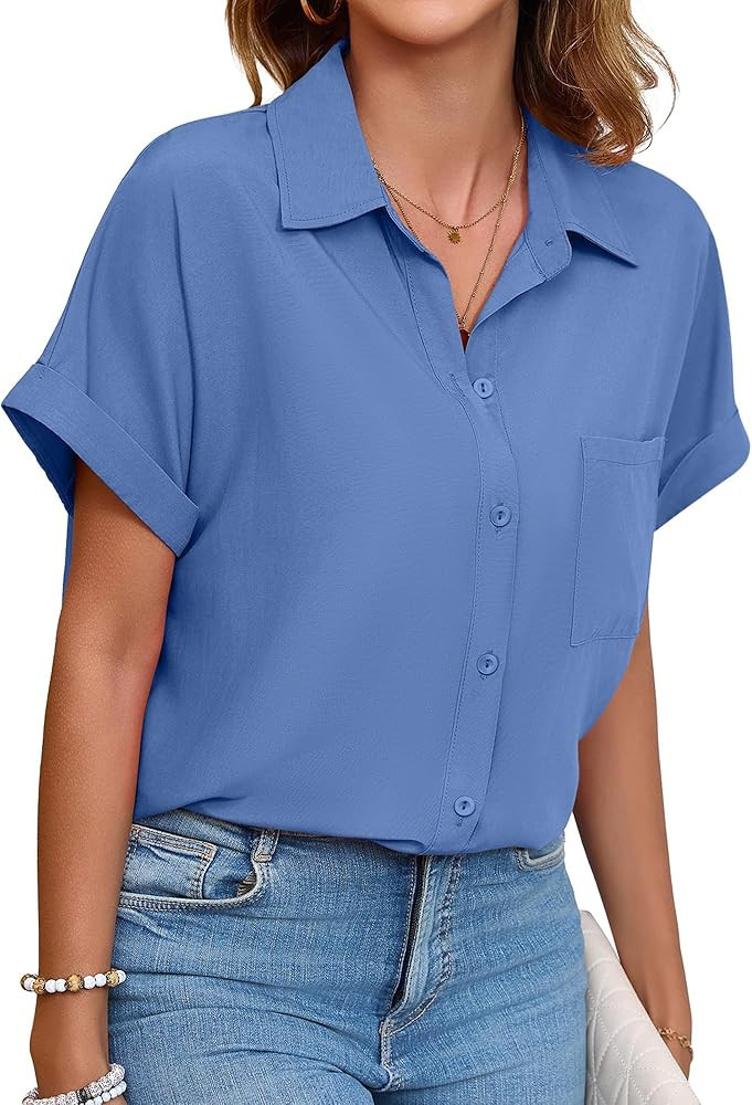 Womens Button Down Shirt Casual Short Sleeve Collared Work Blouse with Pocket | Amazon (US)