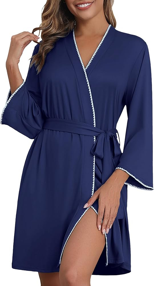 Ekouaer Robes for Women Knee Length Kimono Bathrobe 3/4 Sleeve Sleep Robe Cozy Sleepwear with Poc... | Amazon (US)