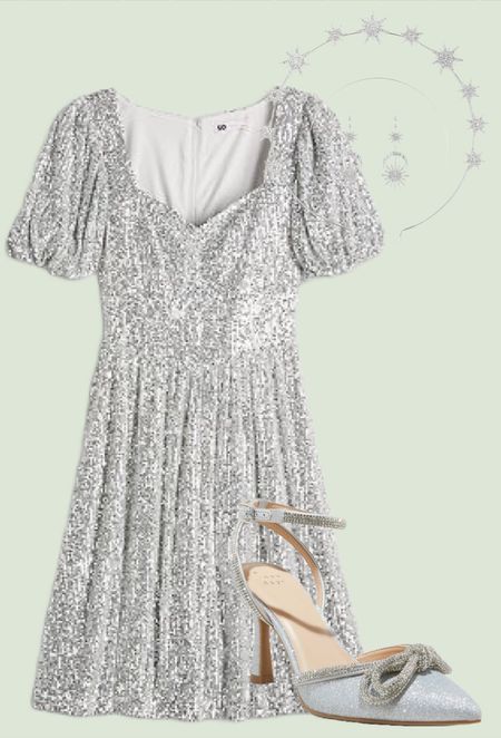 Silver holiday outfit. Silver puff sleeve dress bow shoes and star headband  

#LTKHoliday