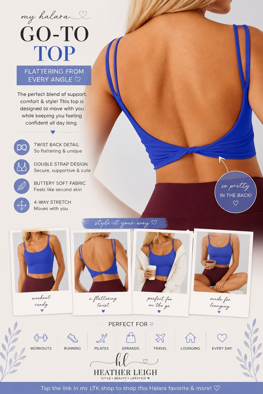 ✨ Another Halara favorite 🤍

I’m obsessed with the back detail on this top — simple in the front but such a flattering, elevated look from the back ✨ The double straps and twist detail make it feel so much more luxe while still being insanely comfortable.

Perfect for:
🤍 Pilates + workouts
🤍 Walks & errands
🤍 Travel days
🤍 Lounging
🤍 Everyday athleisure looks

The color is EVERYTHING too 💙

#halara #halarastyle #heatherleighfinds #ltkactive #athleisure #workoutwear #activewear #pilatesstyle #everydaystyle #gymstyle