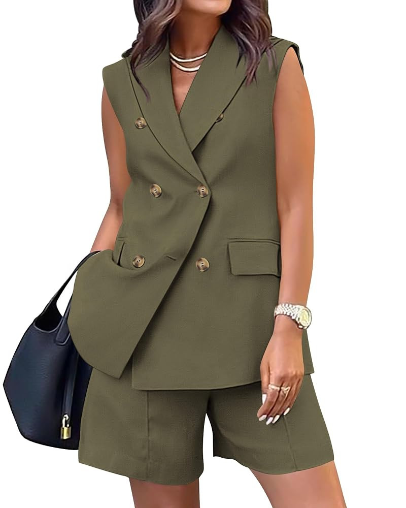 BTFBM 2 Piece Outfits For Women Summer 2025 Sleeveless Button Down Business Casual Vest Shorts Se... | Amazon (US)