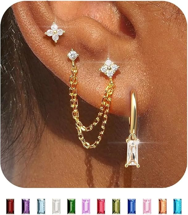 Gold Chain Stud Earrings for Women Trendy Minimalist 14K Gold Small Huggie Hoop Birthstone Earrin... | Amazon (US)