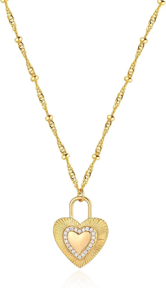 Fettero Gold Neckalce for Women 14K Gold Plated Charm Love Heart Pendant | Heart Charm Necklace f... | Amazon (US)