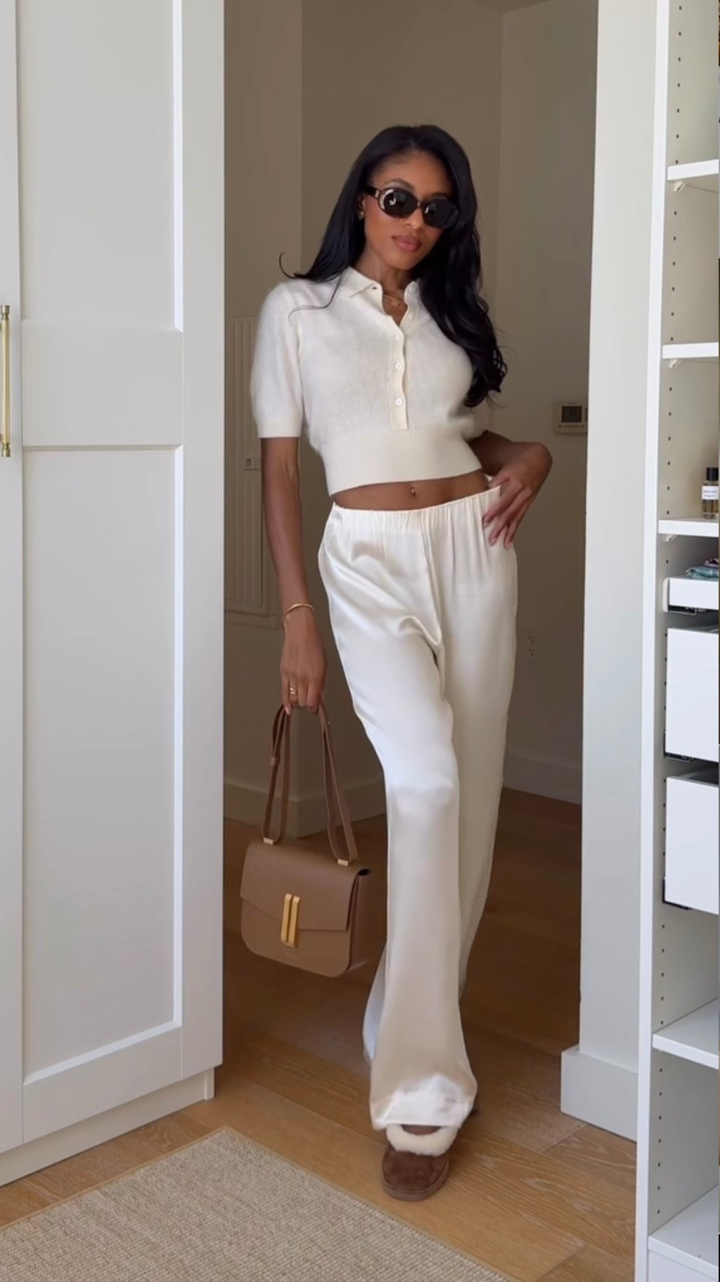 Cashmere, satin pants and ugg ballet flats 